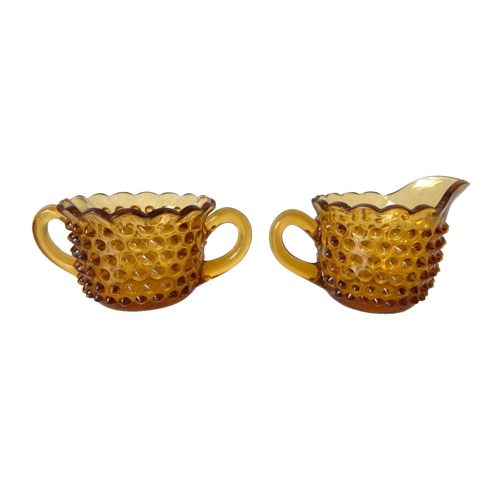70s LE Smith Hobnail Yellow Gold Glass Sugar and Creamer Set Scalloped - Picture 3 of 11